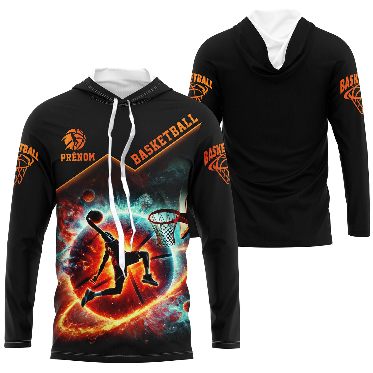 Anti-UV manches longues basketball galactique noir orange avec galaxie et joueur dunk