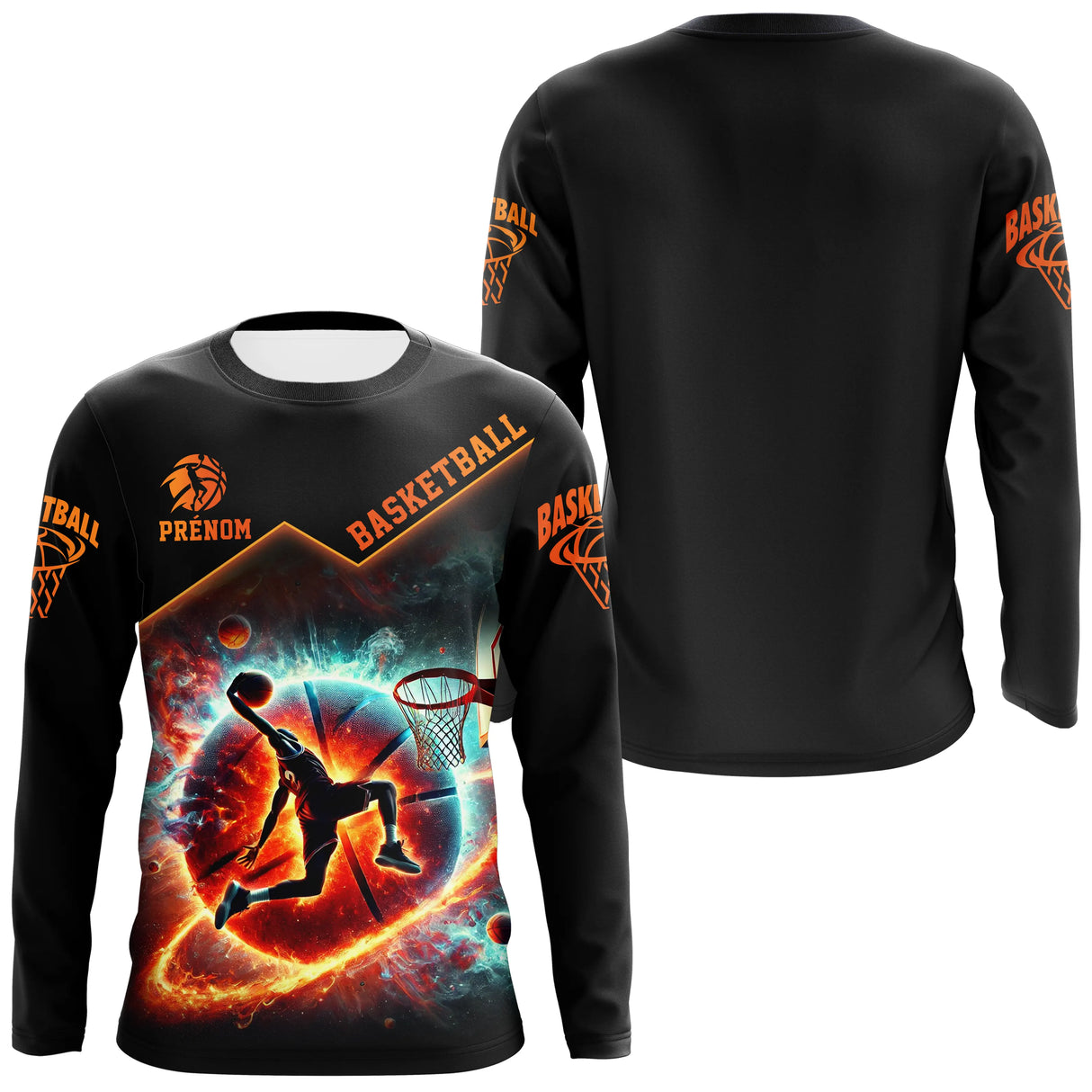 Anti-UV à capuche basketball cosmos noir orange galaxie embrasée et joueur en plein dunk