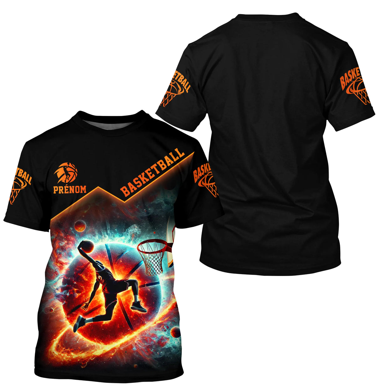 T-shirt basketball galactique noir et orange avec joueur dunk cosmos flammes et constellations