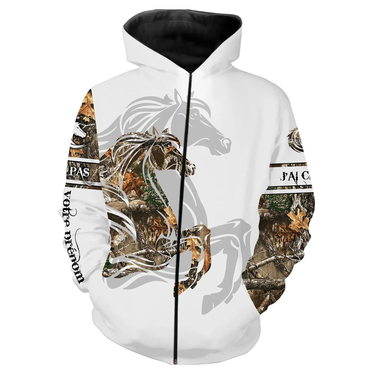 Sweat capuche zippé cheval tatouage tribal camouflage prénom personnalisé doublure douce
