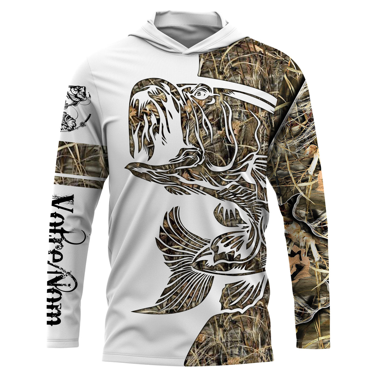 Sweat UV à capuche pêche bar au leurre tatouage encré bicolore blanc camouflage roseau prénom personnalisé, vue de face