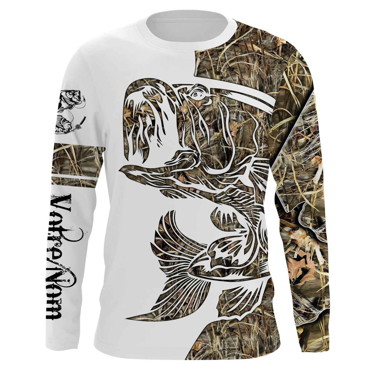 Maillot UV manches longues pêche bar au leurre tatouage bicolore blanc camouflage prénom personnalisé