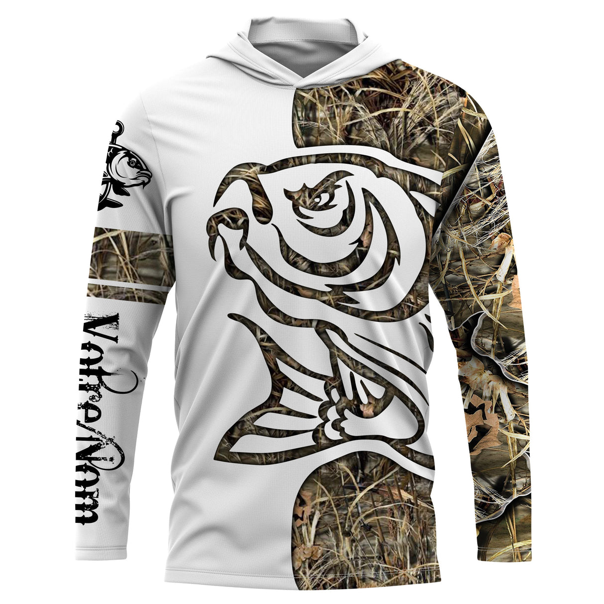 Sweat UV à capuche pêche carpe tatouage encré bicolore blanc camouflage roseau prénom personnalisé, vue de face