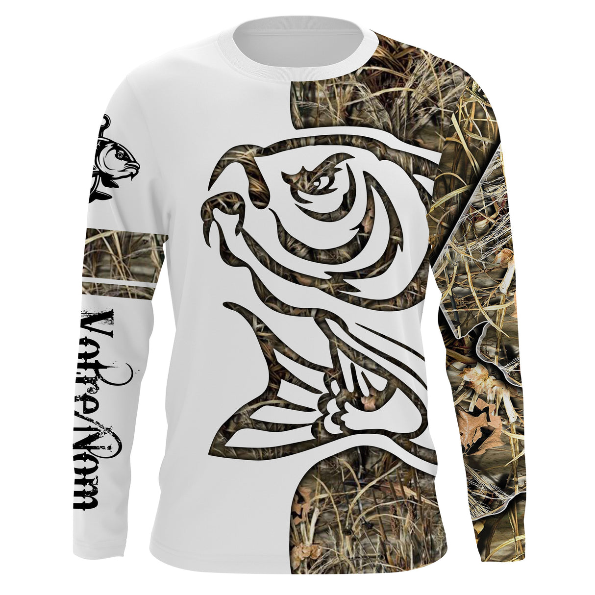 Maillot UV manches longues pêche carpe tatouage bicolore blanc camouflage prénom personnalisé