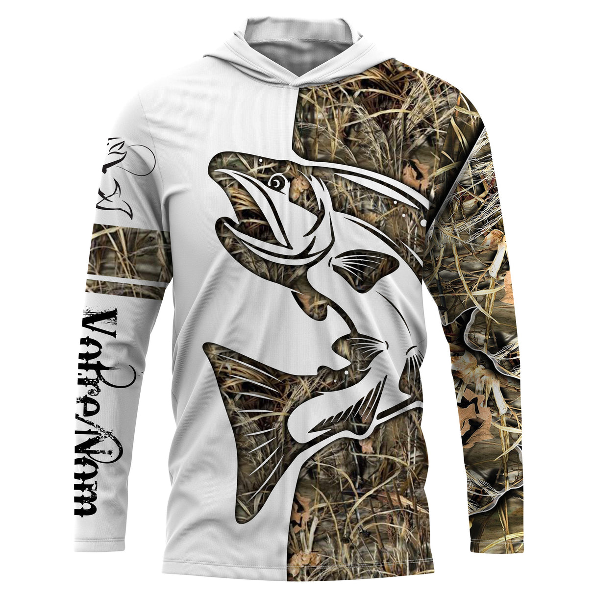 Sweat UV à capuche pêche saumon tatouage encré bicolore blanc camouflage roseau prénom personnalisé, vue de face