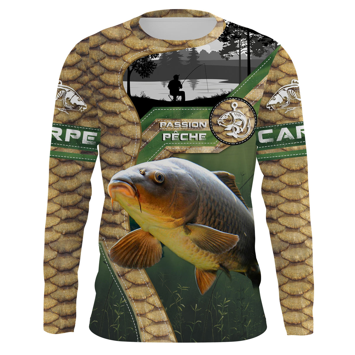 Maillot UV manches longues pêche carpe peau dorée photoréaliste passion pêche