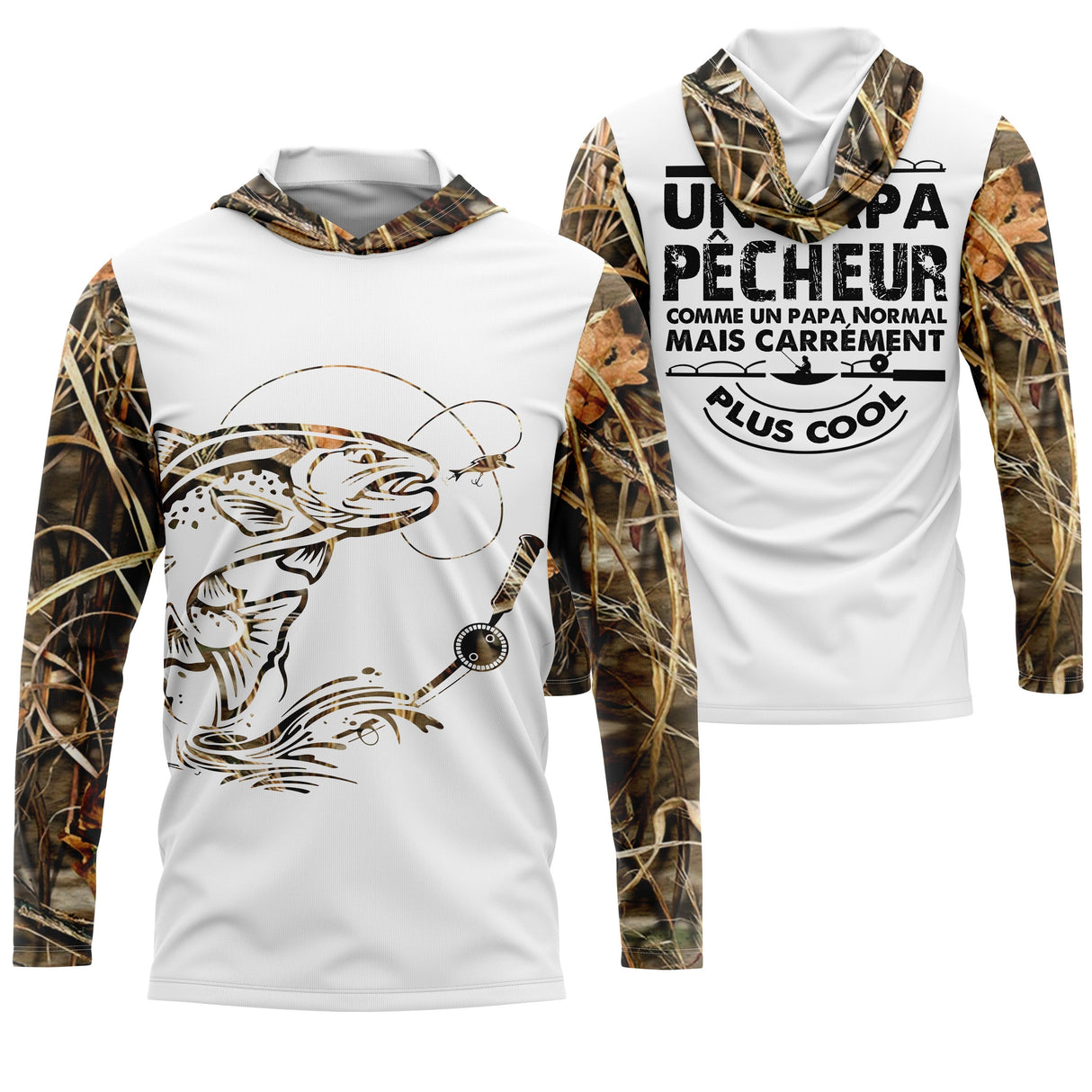 Sweat UV à capuche papa pêcheur cool truite leurre souple bicolore blanc camouflage roseau lettrage dos, vue de face