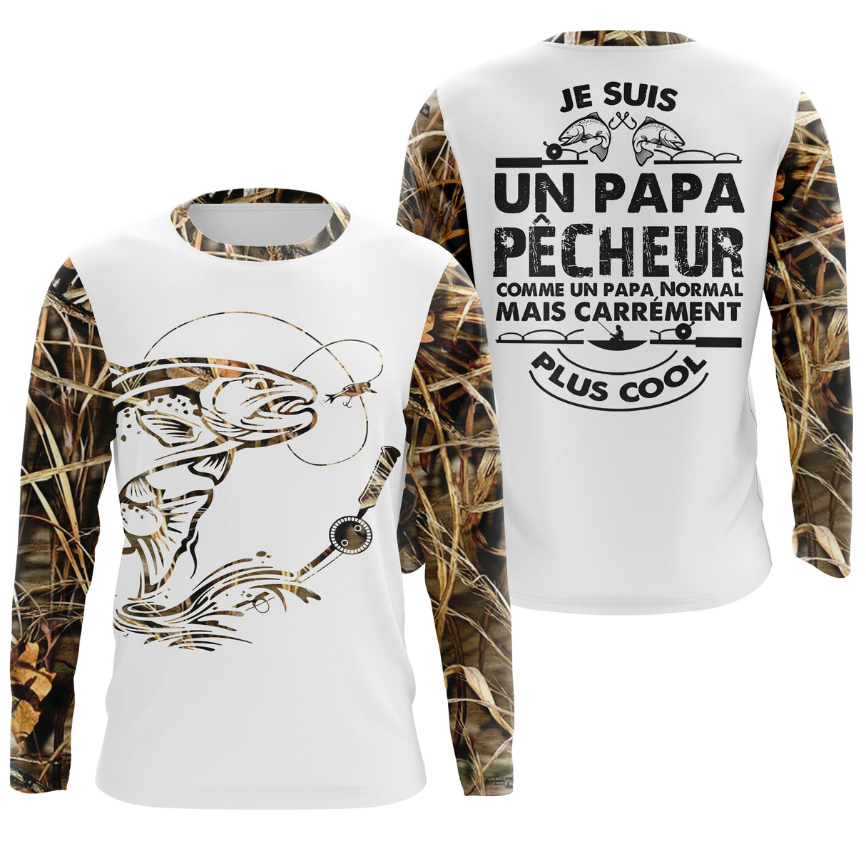 Maillot UV manches longues papa pêcheur cool truite leurre souple bicolore blanc camouflage