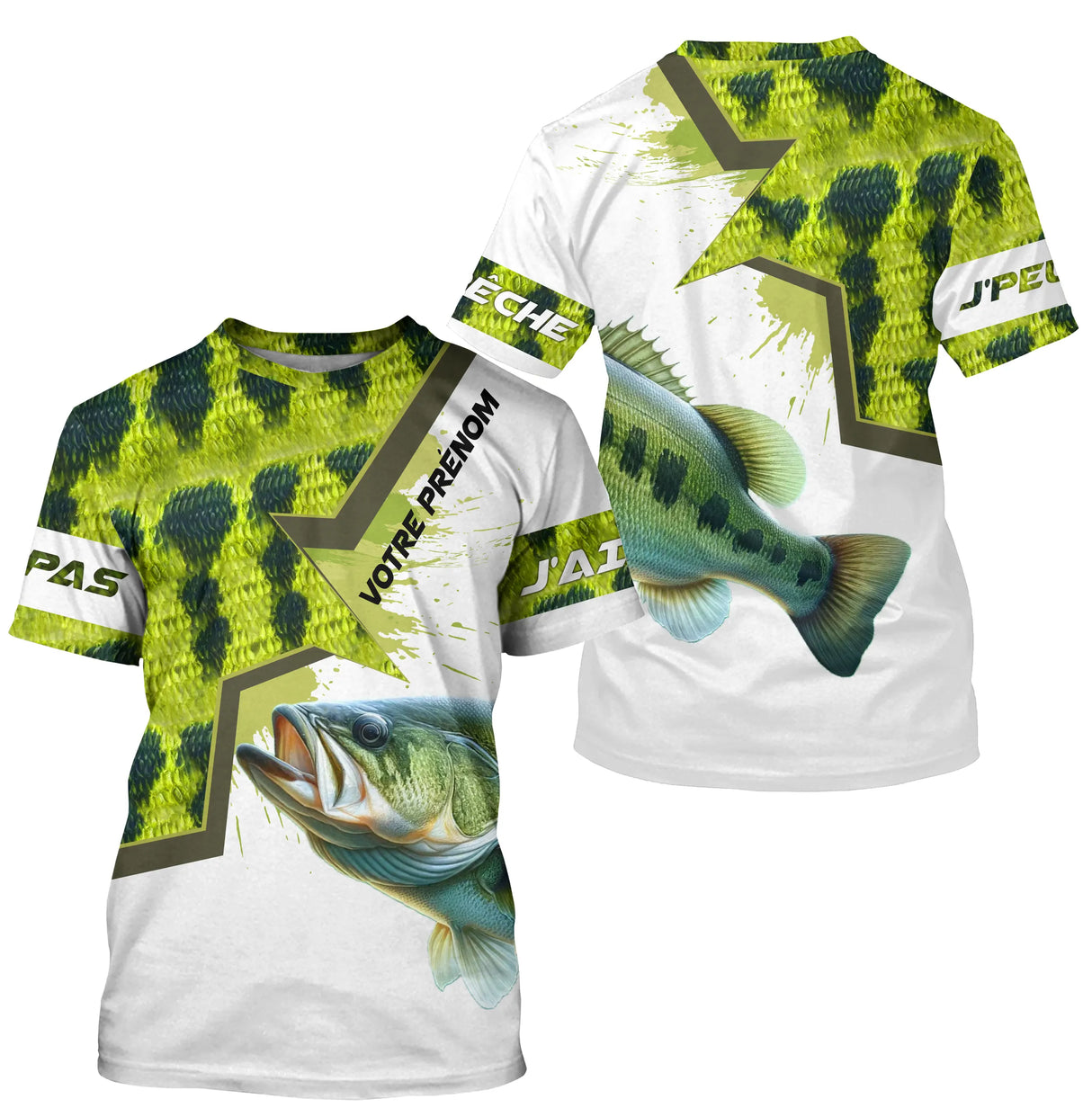 T-shirt all-over col rond pêche bar humour, motif écailles vert et bar central, accessoire personnalisable pour pêcheur