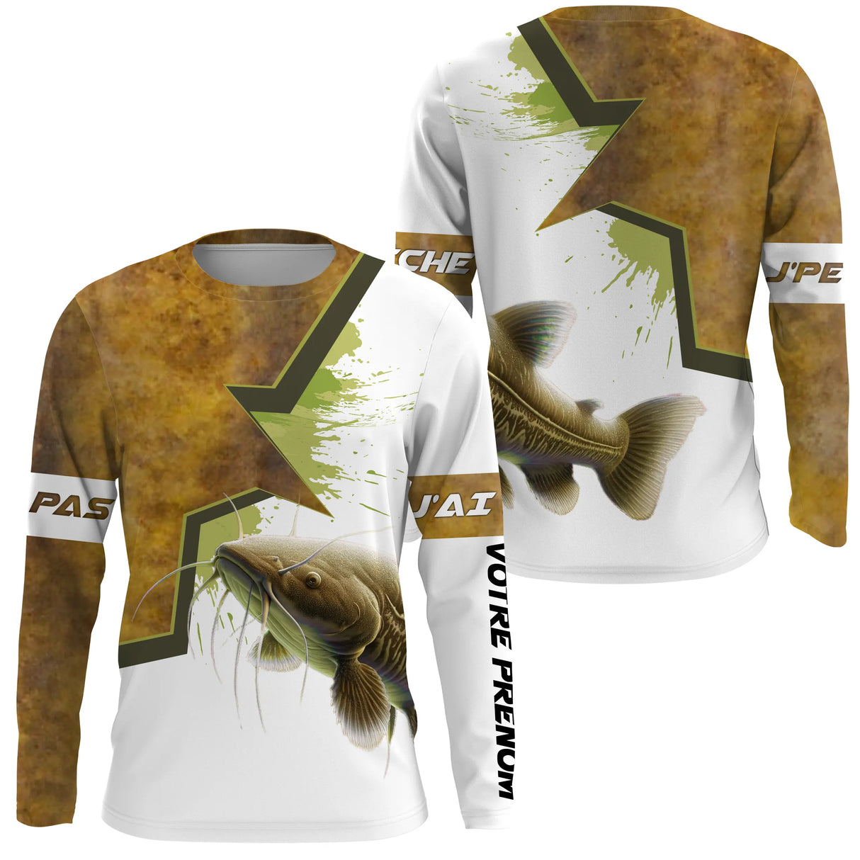 T-shirt anti UV manches longues pêche silure humour, design slogan et silure central, vêtement halieutique silurophile