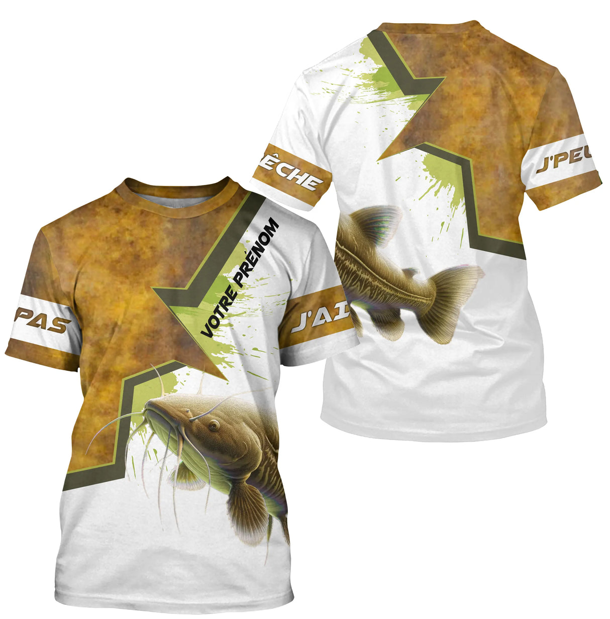 T-shirt all-over col rond pêche silure humour, motif marbrures marron et silure central, accessoire personnalisable pêcheur