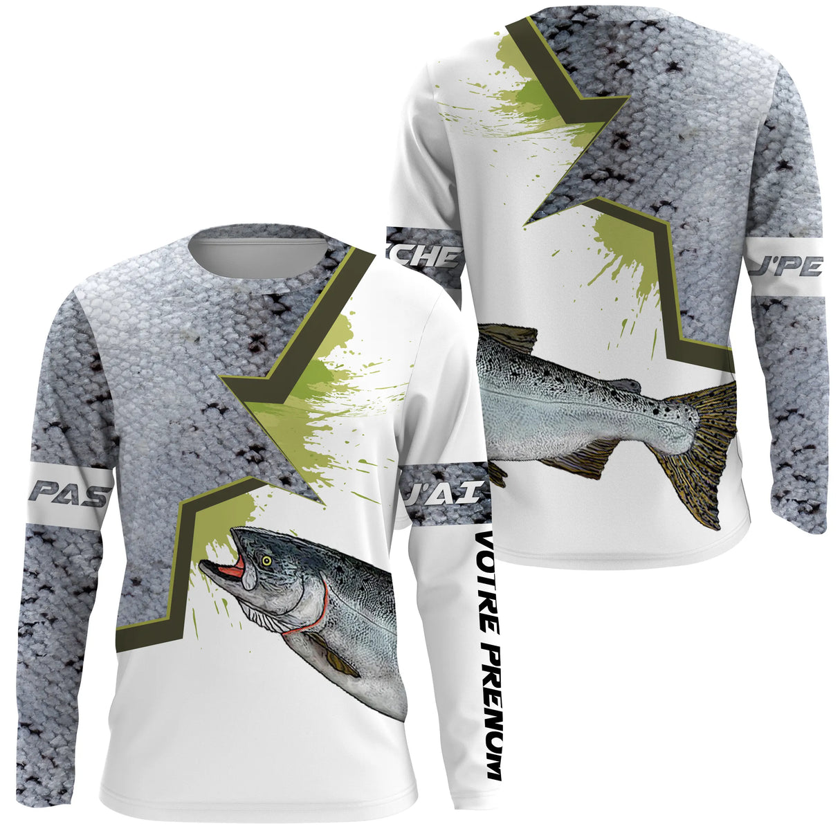 T-shirt anti UV manches longues pêche saumon humour, design slogan et salmonidé central, vêtement halieutique saumonier