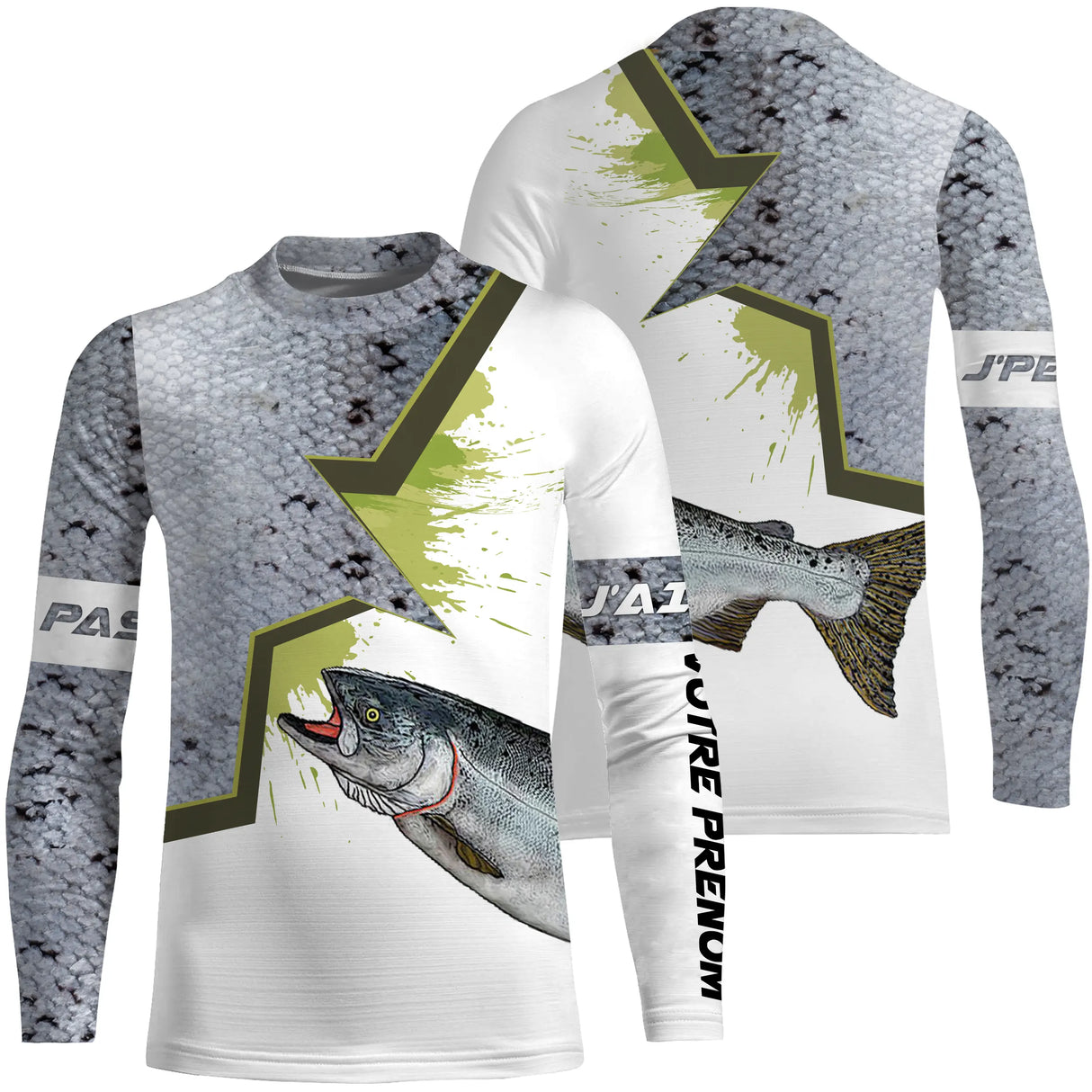 T-shirt all-over manches longues enfant pêche saumon humour, design familial pour jeunes pêcheurs migrateurs