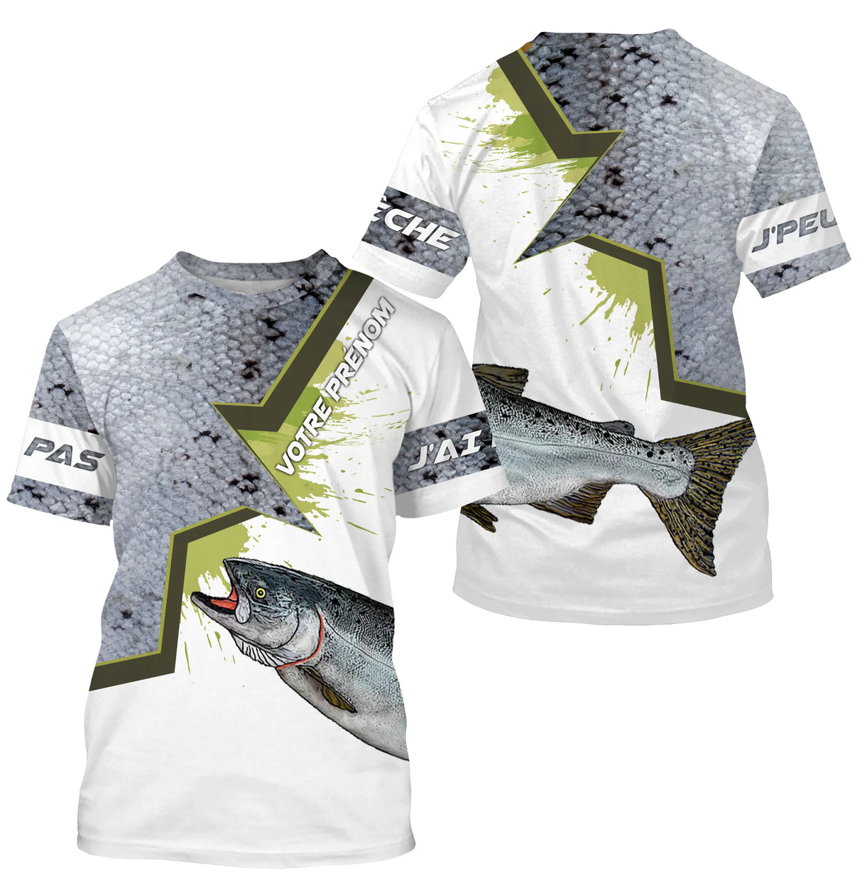 T-shirt all-over col rond pêche saumon humour, motif écailles gris argenté et saumon, accessoire personnalisable pêcheur