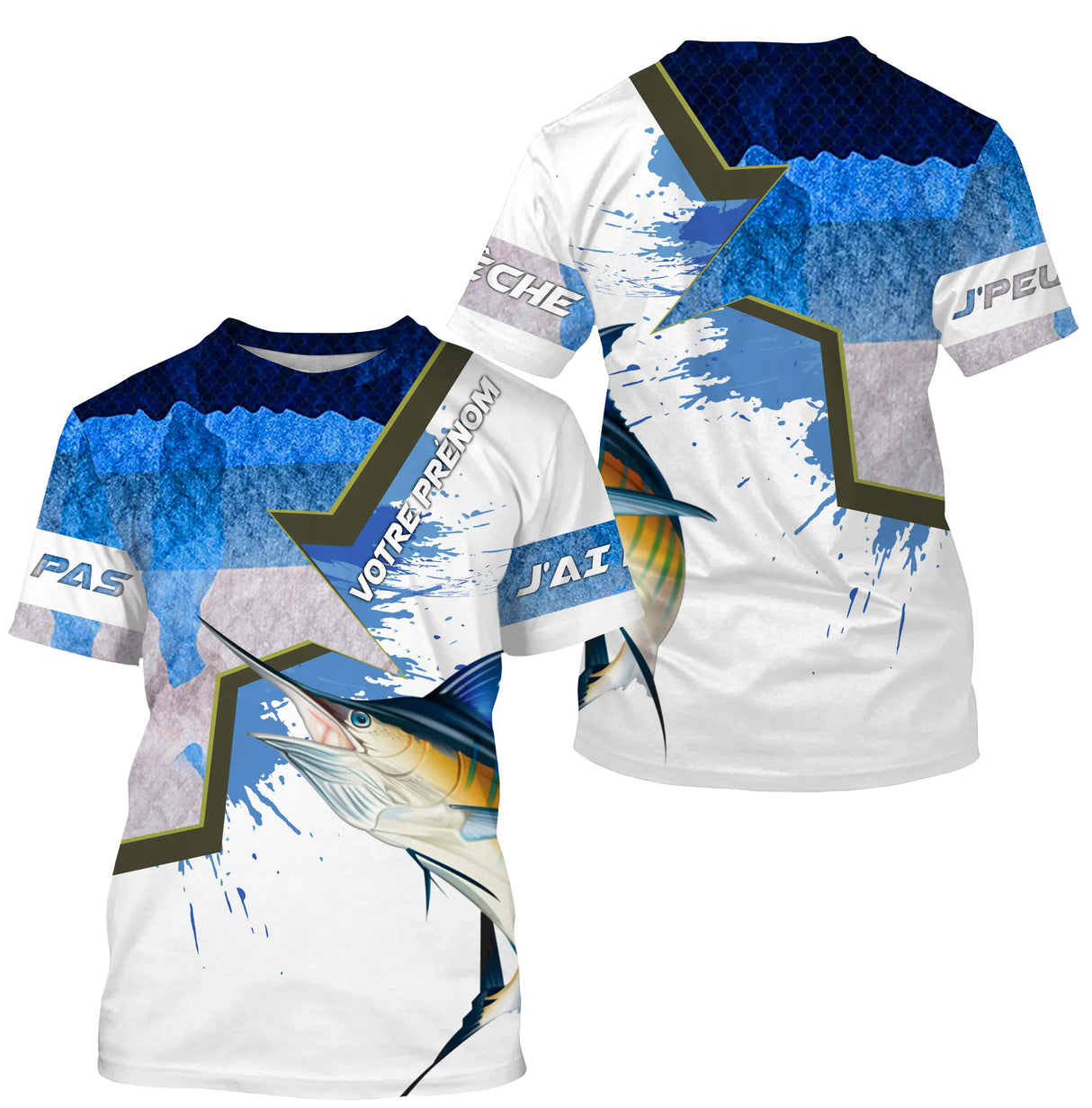 T-shirt all-over col rond pêche marlin humour, motif écailles bleu et marlin central, accessoire personnalisable pêcheur
