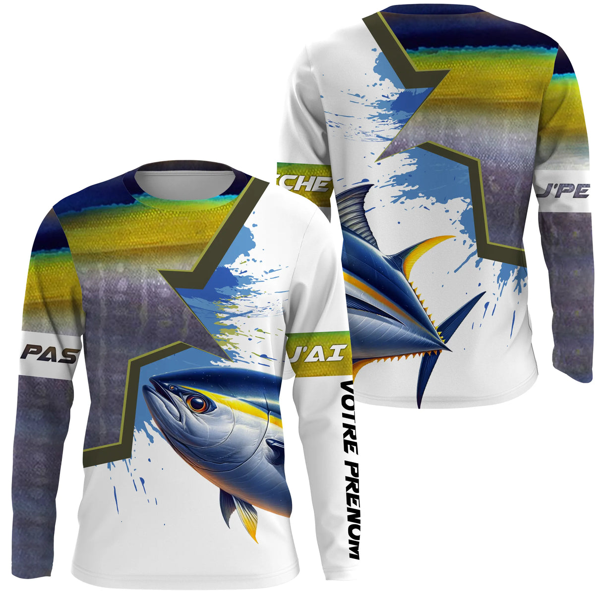 T-shirt anti UV manches longues pêche thon humour, design slogan et thon central, vêtement halieutique big game