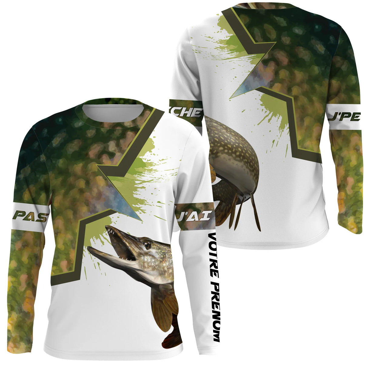 T-shirt anti UV manches longues pêche brochet humour, design slogan et esox central, vêtement halieutique brocheteur