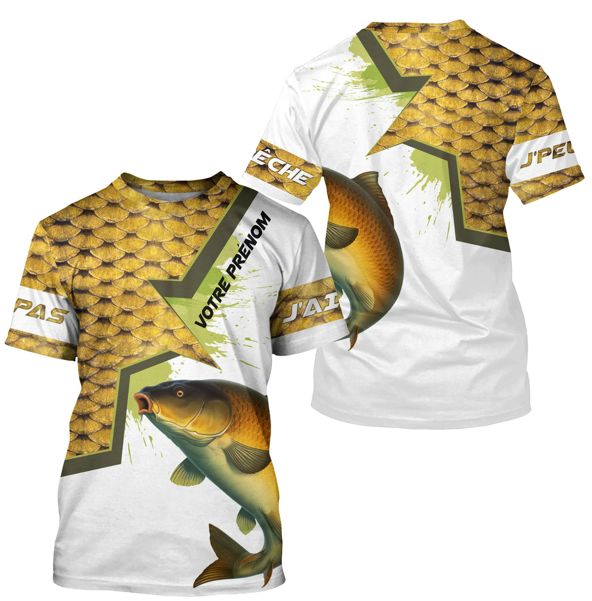 T-shirt all-over col rond pêche carpe humour, motif écailles dorées et carpe centrale, accessoire personnalisable pêcheur