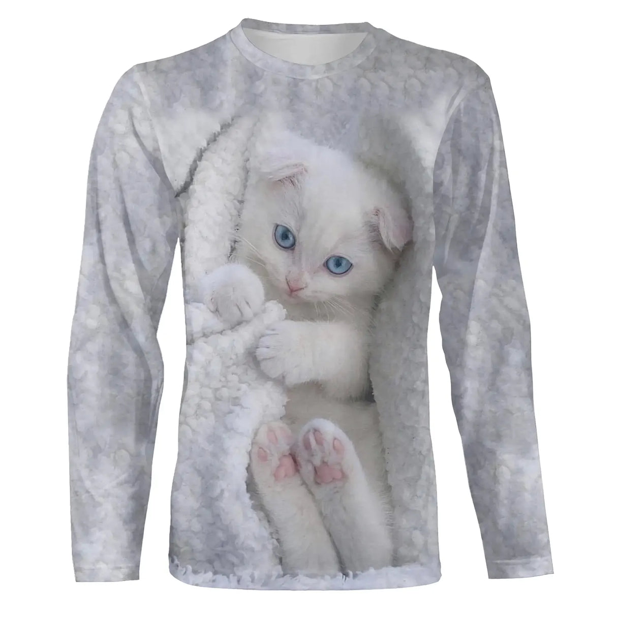 T-shirt chat blanc gris chaton yeux bleus unisexe, design photoréaliste quotidien aux teintes froides