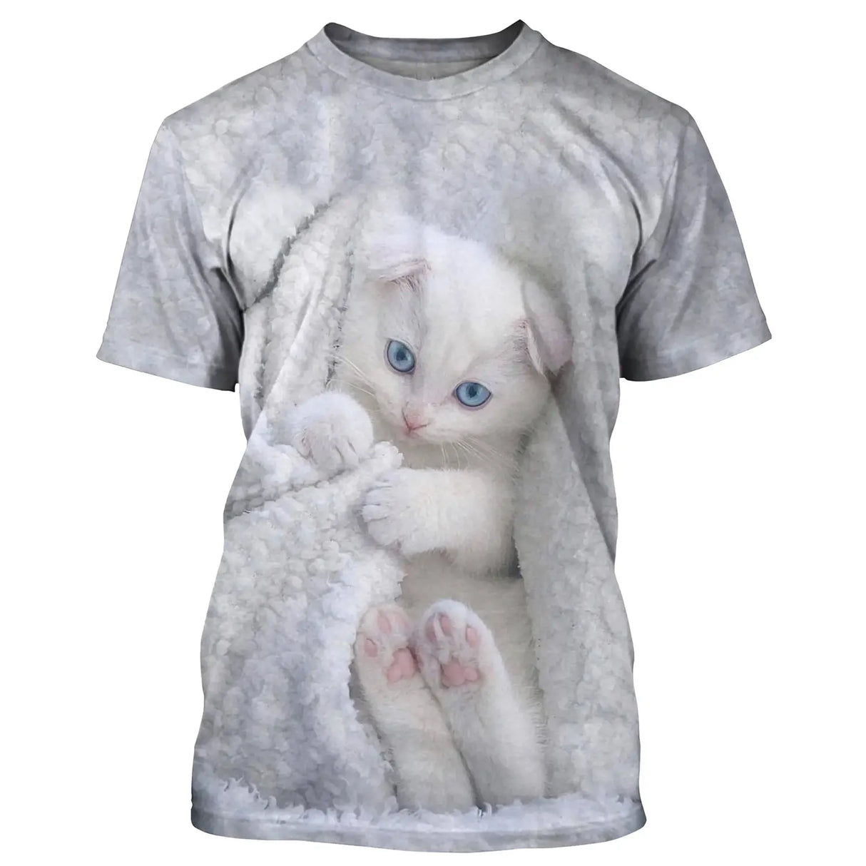 T-shirt chat 3D blanc gris avec chaton aux yeux bleus, impression photoréaliste all-over haute définition