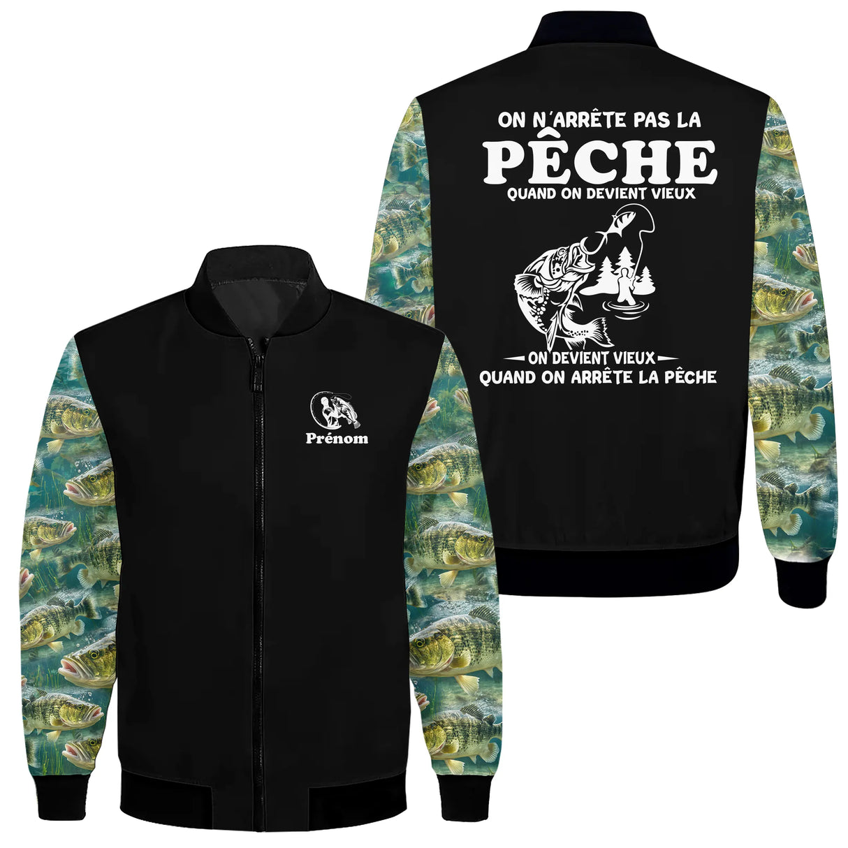 Sweat capuche zippé pêche humour noir avec design pêcheur en action et slogan complice On n'arrête pas la pêche