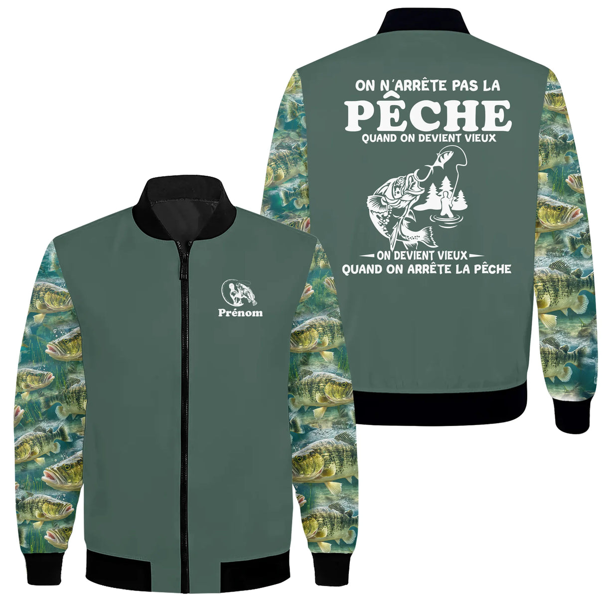 Sweat capuche zippé pêche humour vert sapin avec illustration pêcheur et personnalisation prénom