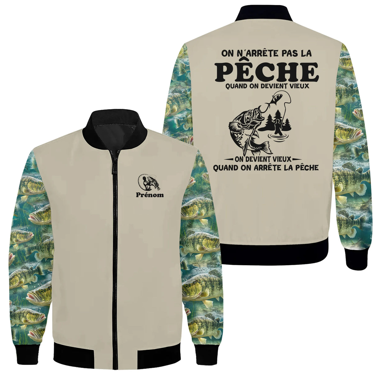 Sweat capuche zippé pêche humour kaki avec design pêcheur stylisé et inscription dorsale humoristique
