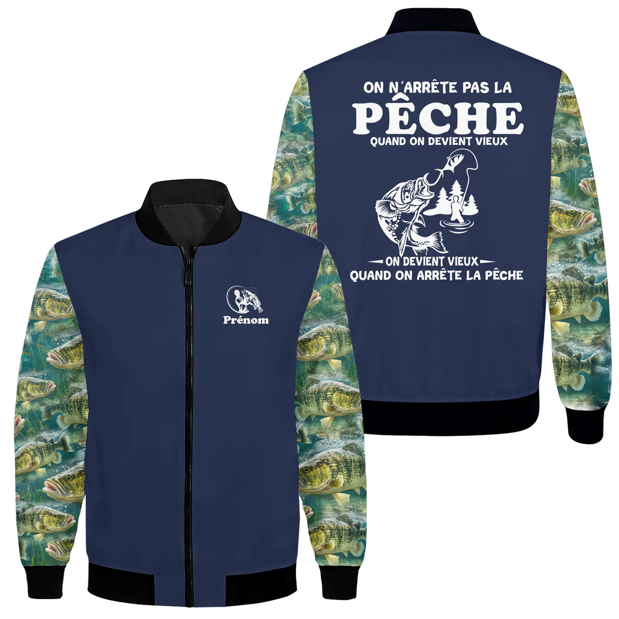Sweat capuche zippé pêche humour bleu marine avec illustration pêcheur et message humoristique