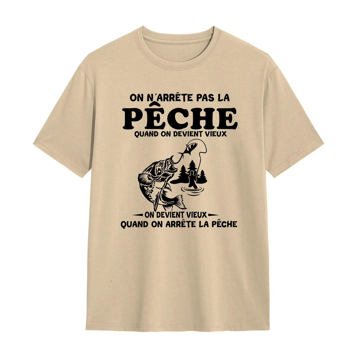 T-shirt pêche humour kaki militaire avec illustration pêcheur et message complice On n'arrête pas la pêche