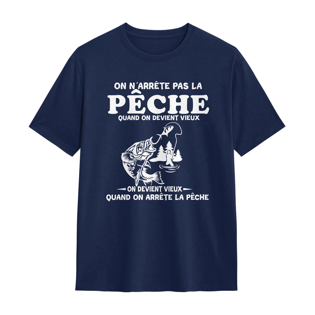 T-shirt pêche humour bleu marine avec design pêcheur stylisé et inscription humoristique sur la pêche