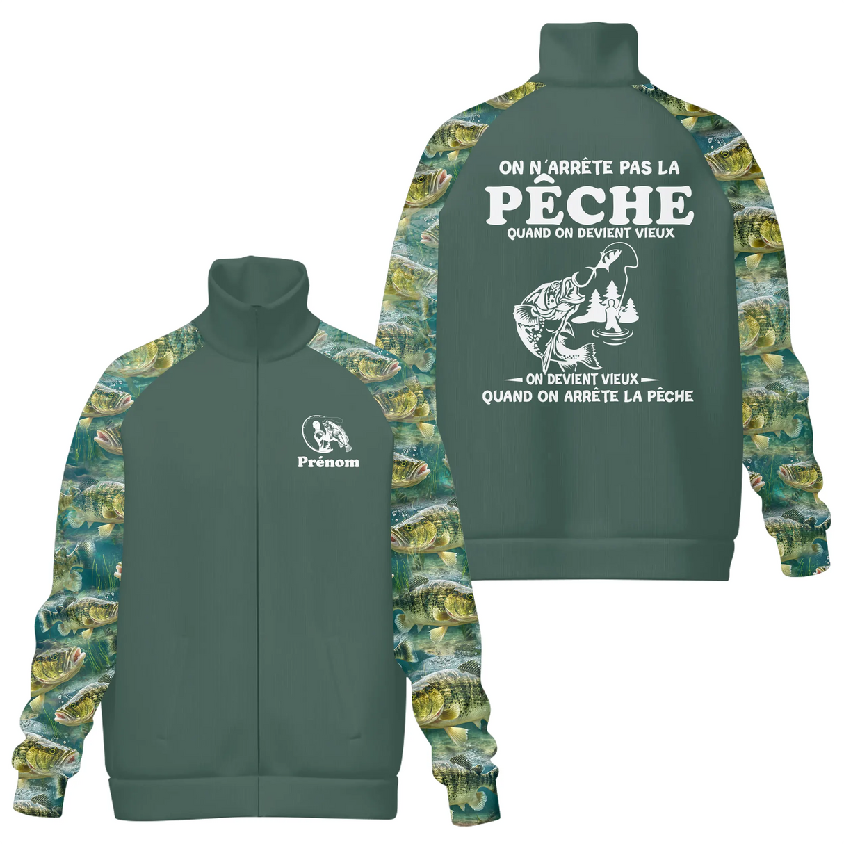 Coupe-vent matelassé pêche humour vert sapin avec illustration pêcheur et slogan humoristique
