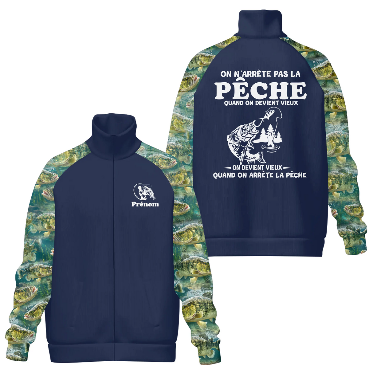 Coupe-vent matelassé pêche humour bleu marine avec illustration pêcheur et inscription dorsale