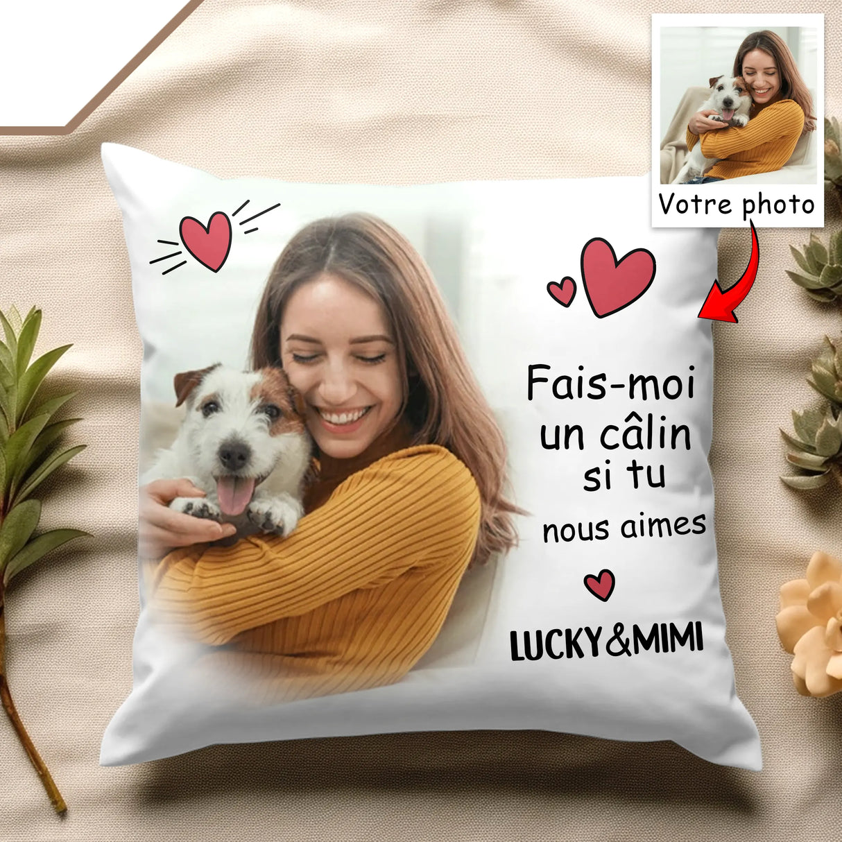 Coussin photo animaux 45 cm modèle 1 avec photo maître chien et message d'amour cœurs rouges