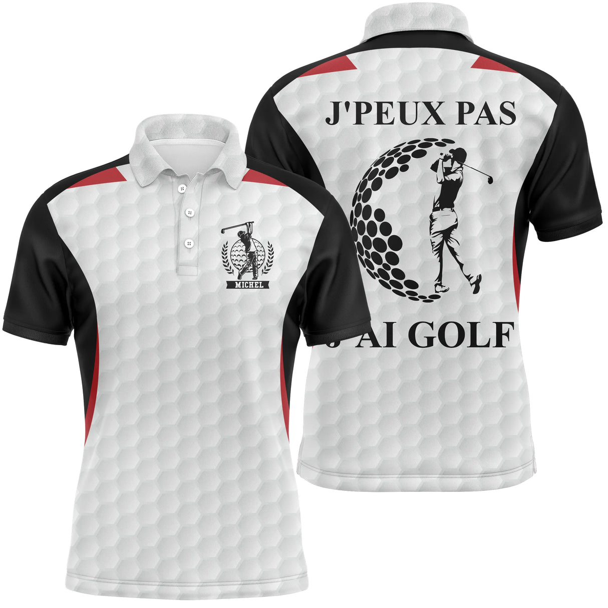 Polo golf homme blanc inserts bleu marine silhouette golfeuse swing éclats balles slogan J'peux Pas J'ai Golf coupe ajustée