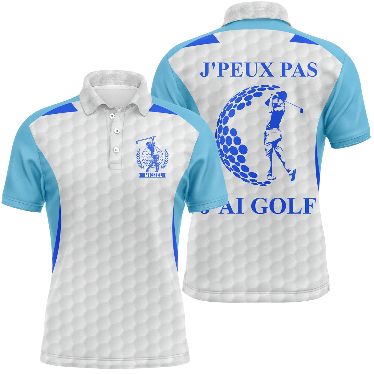 Polo golf homme blanc inserts bleu profond silhouette golfeuse swing slogan J'peux Pas J'ai Golf coupe ajustée