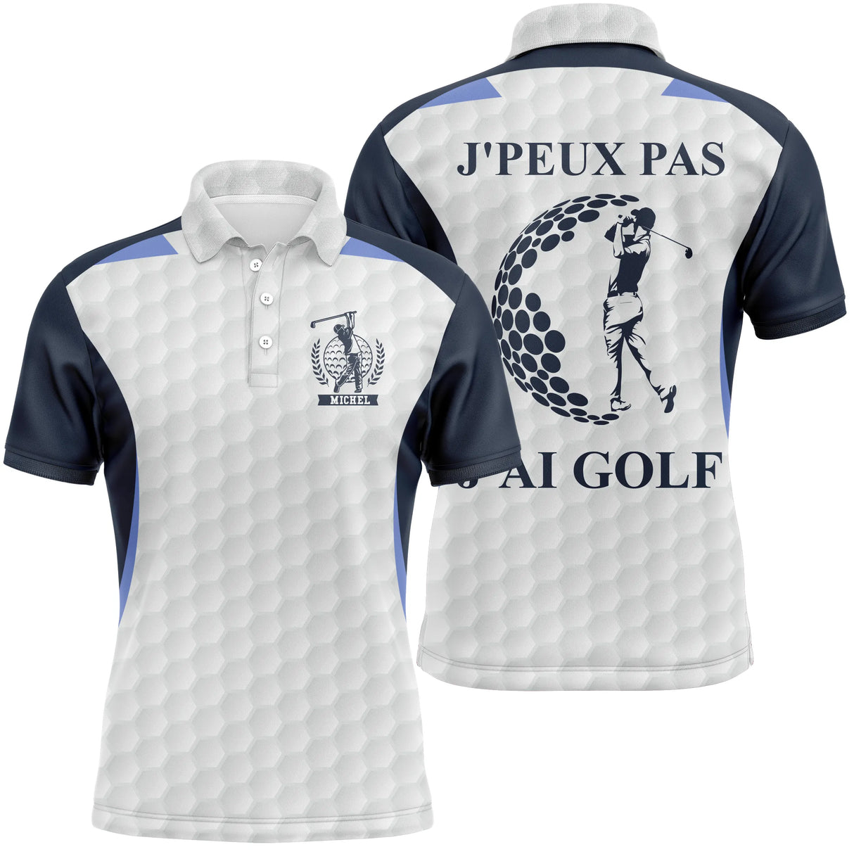 Polo golf homme blanc inserts noir intense silhouette golfeuse swing slogan J'peux Pas J'ai Golf coupe ajustée