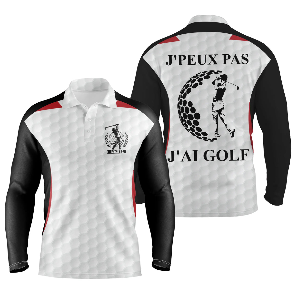 Polo manches longues golf unisexe blanc inserts bleu marine silhouette golfeuse slogan J'peux Pas J'ai Golf