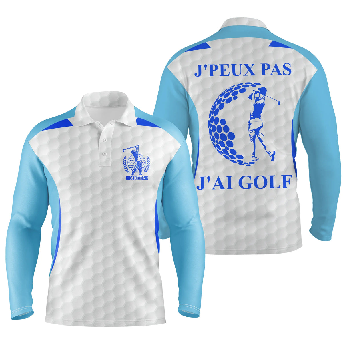 Polo manches longues golf unisexe blanc inserts bleu profond silhouette golfeuse slogan J'peux Pas J'ai Golf