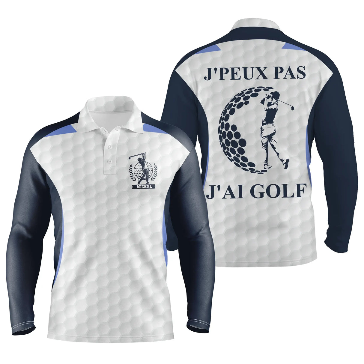 Polo manches longues golf unisexe blanc inserts noir silhouette golfeuse slogan J'peux Pas J'ai Golf