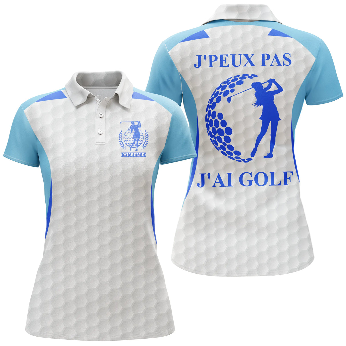 Polo golf femme blanc inserts bleu profond silhouette golfeuse slogan J'peux Pas J'ai Golf coupe cintrée