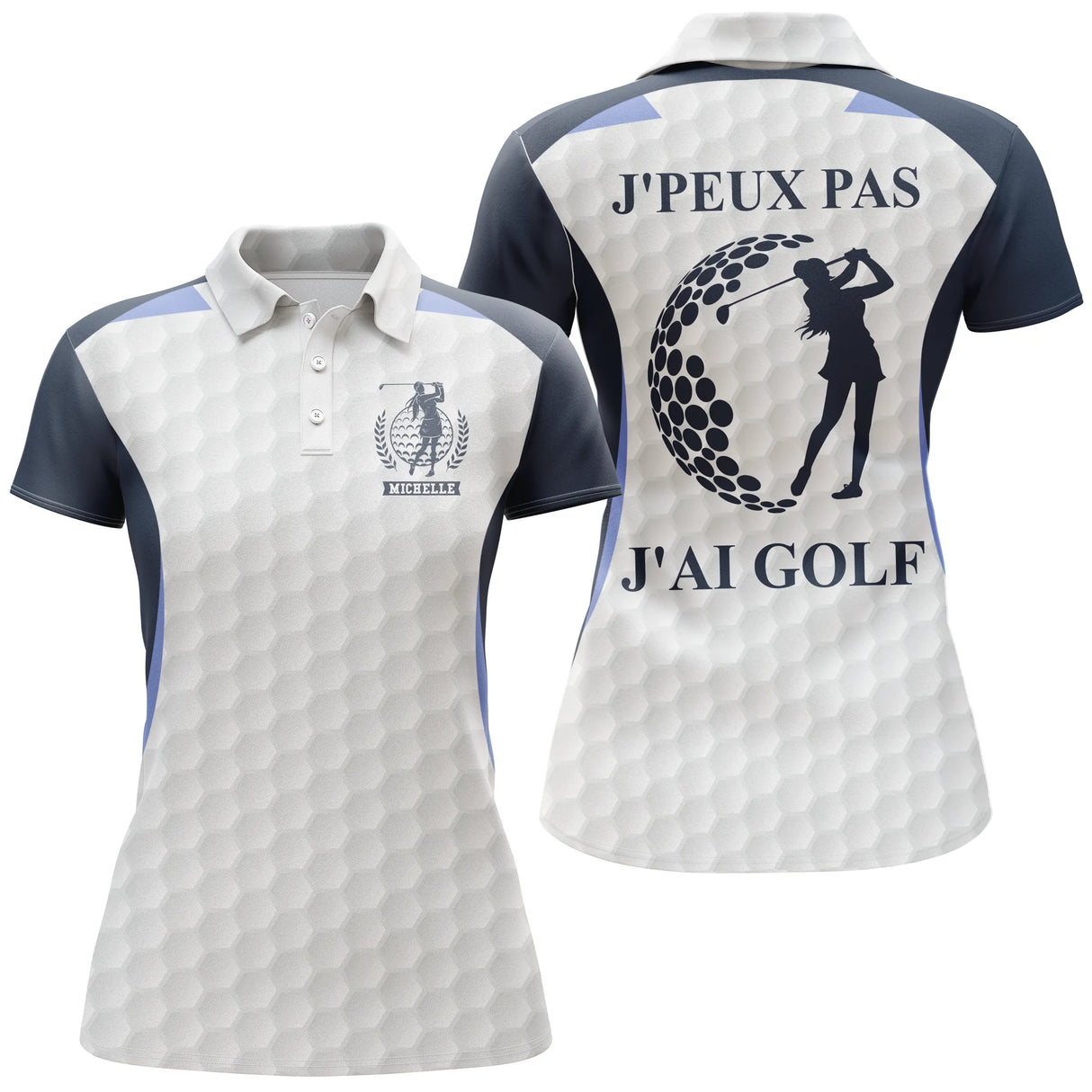 Polo golf femme blanc inserts noir intense silhouette golfeuse slogan J'peux Pas J'ai Golf coupe cintrée