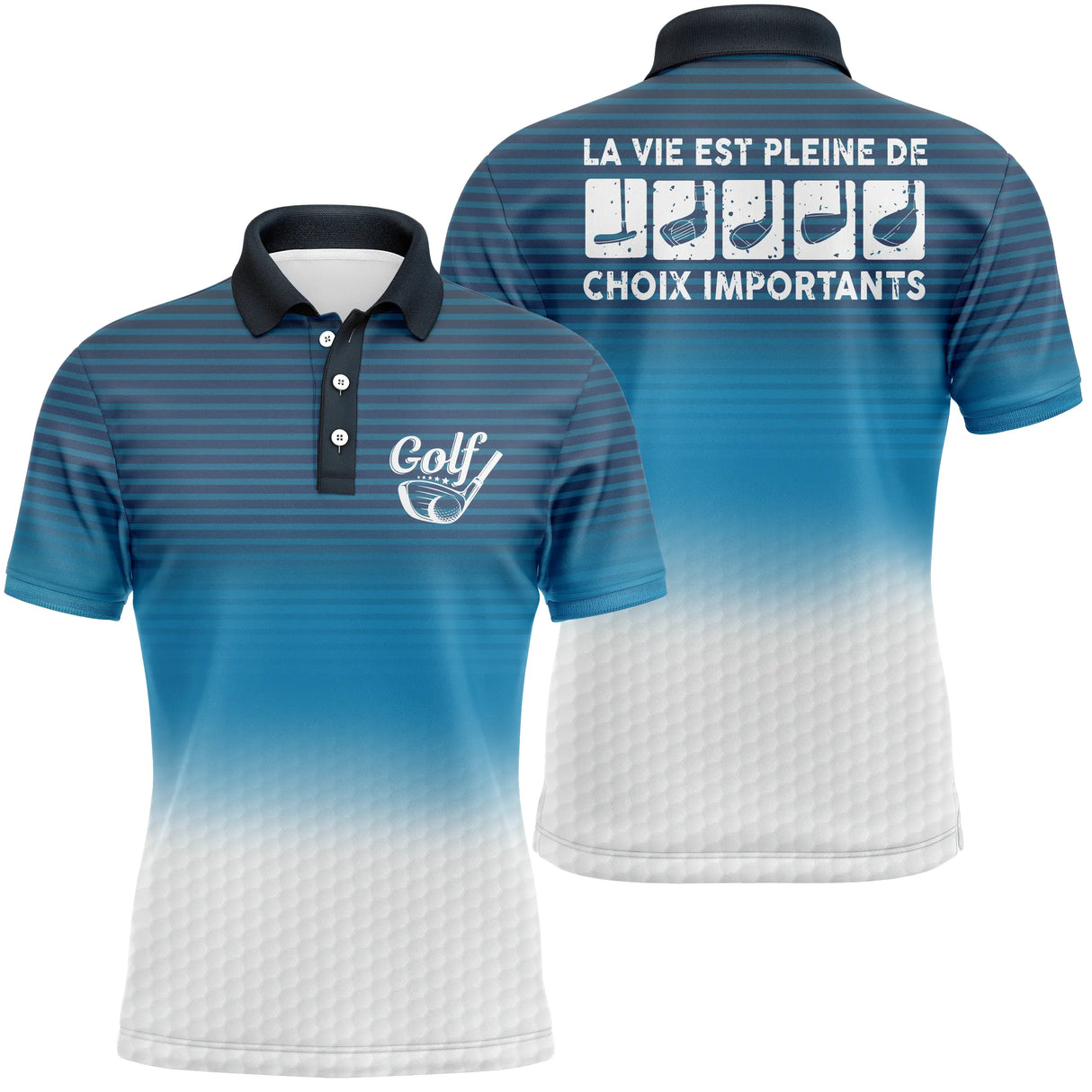 Polo golf homme bleu marine dégradé balle bas clubs alignés slogan La Vie Pleine Choix Importants Golf cœur