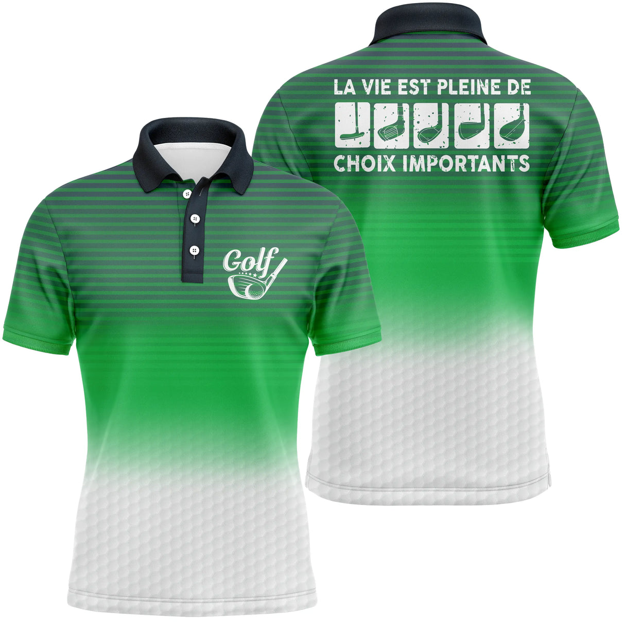 Polo golf homme jaune lumineux dégradé balle bas clubs alignés slogan La Vie Pleine Choix Importants Golf