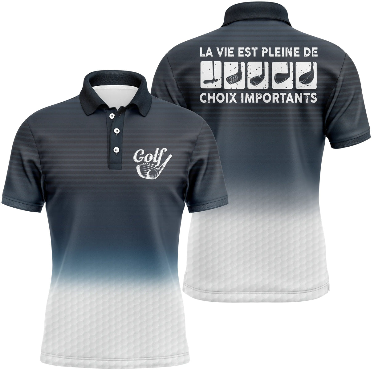 Polo golf homme vert prairie dégradé balle bas clubs alignés slogan La Vie Pleine Choix Importants Golf