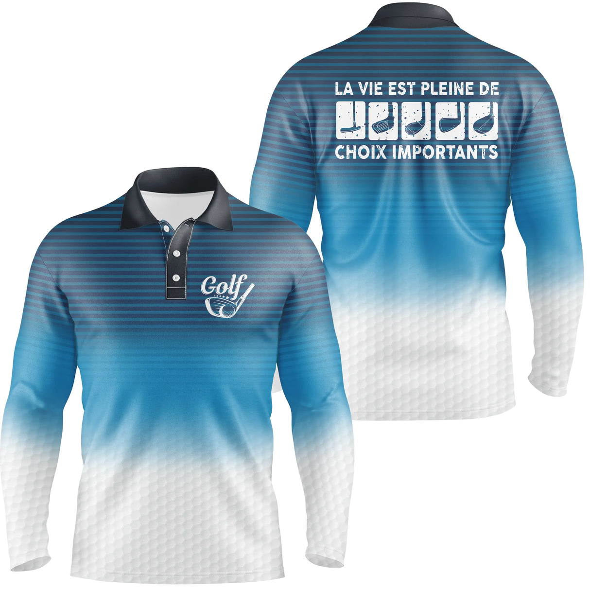 Polo de golf manches longues bleu marine dégradé blanc lettrage Vie Pleine De Choix Importants
