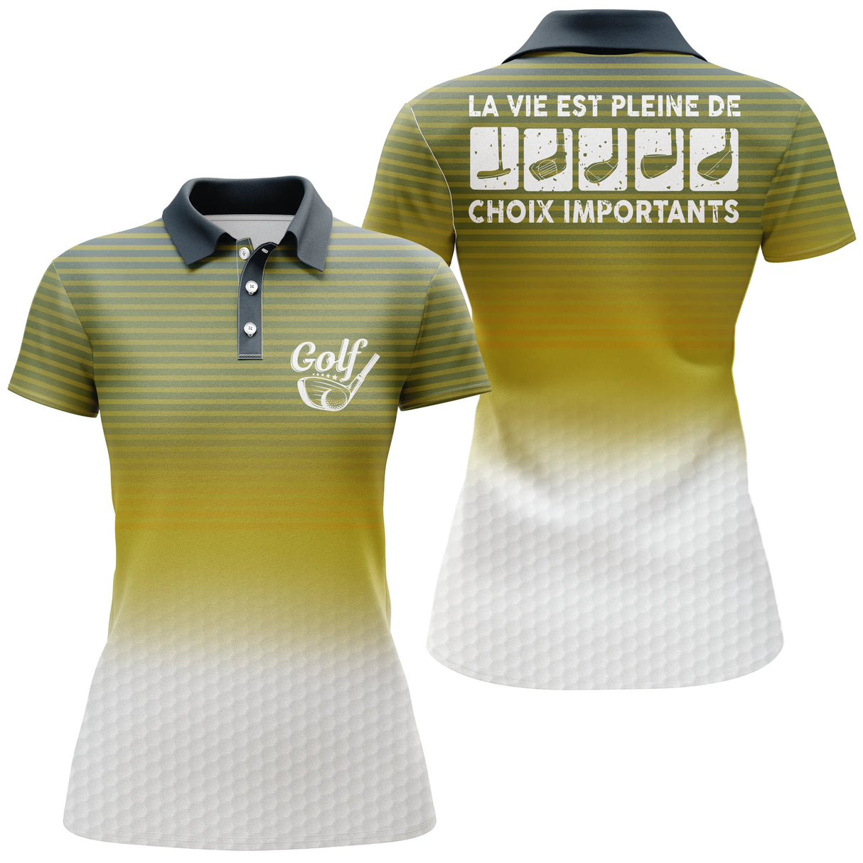 Polo golf femme bleu ciel dégradé balle clubs alignés slogan La Vie Pleine Choix coupe cintrée tissu respirant