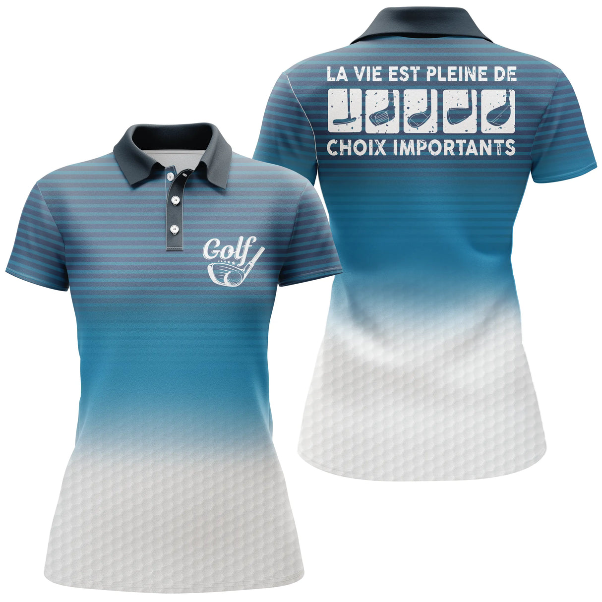 Polo golf femme bleu marine dégradé balle clubs alignés slogan La Vie Pleine Choix coupe cintrée