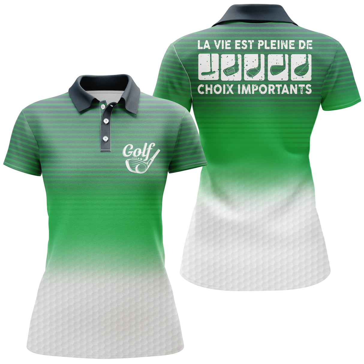 Polo golf femme jaune lumineux dégradé balle clubs alignés slogan La Vie Pleine Choix coupe cintrée