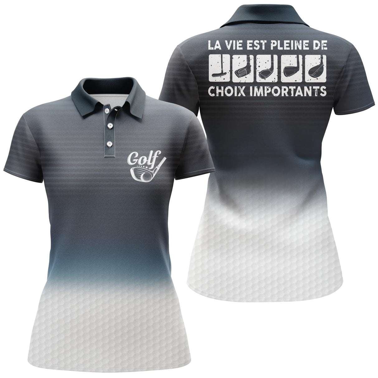 Polo golf femme vert prairie dégradé balle clubs alignés slogan La Vie Pleine Choix coupe cintrée