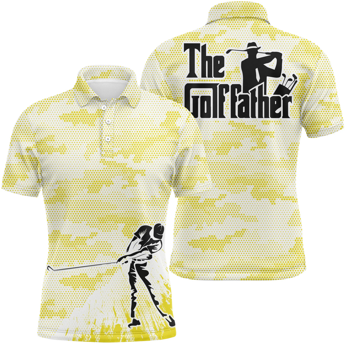 Polo golf homme camouflage jaune lumineux silhouette golfeur swing bas slogan The Golf father typographie cinéma